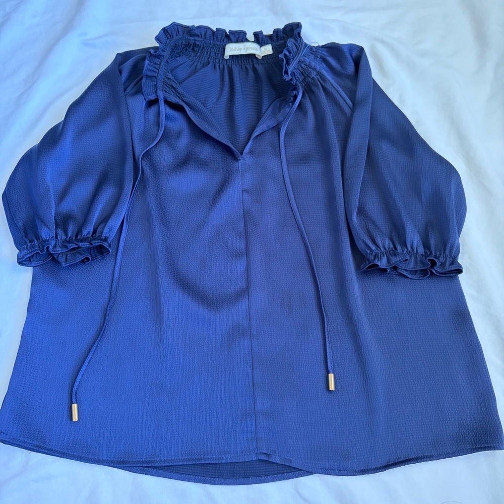 Bishop and Young Ruffle Neck Blouse Blue Textured Tie Neck Top Size M